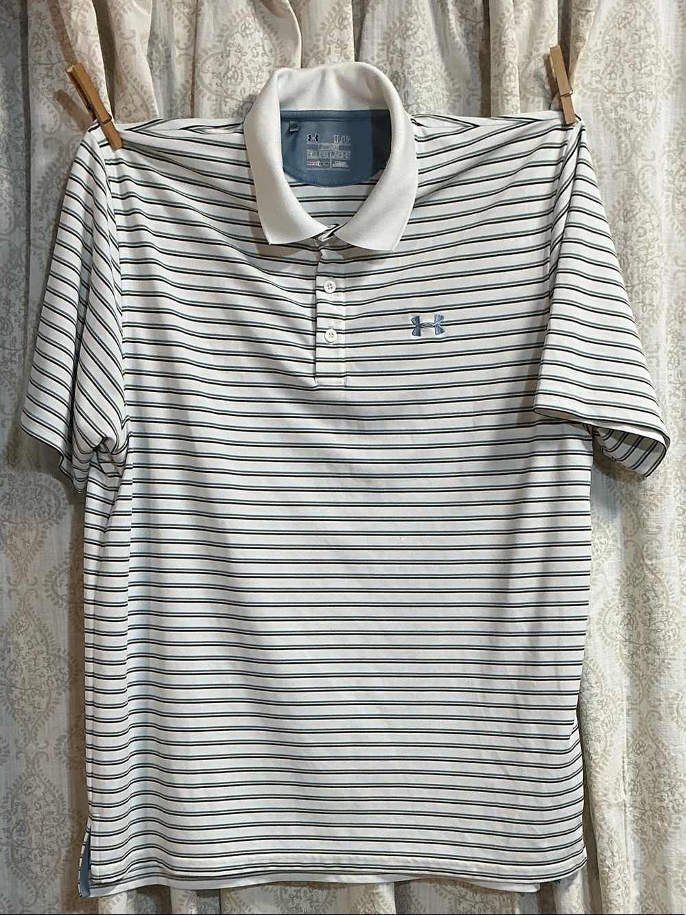 Under Armour White Polo with Thin Navy Stripes